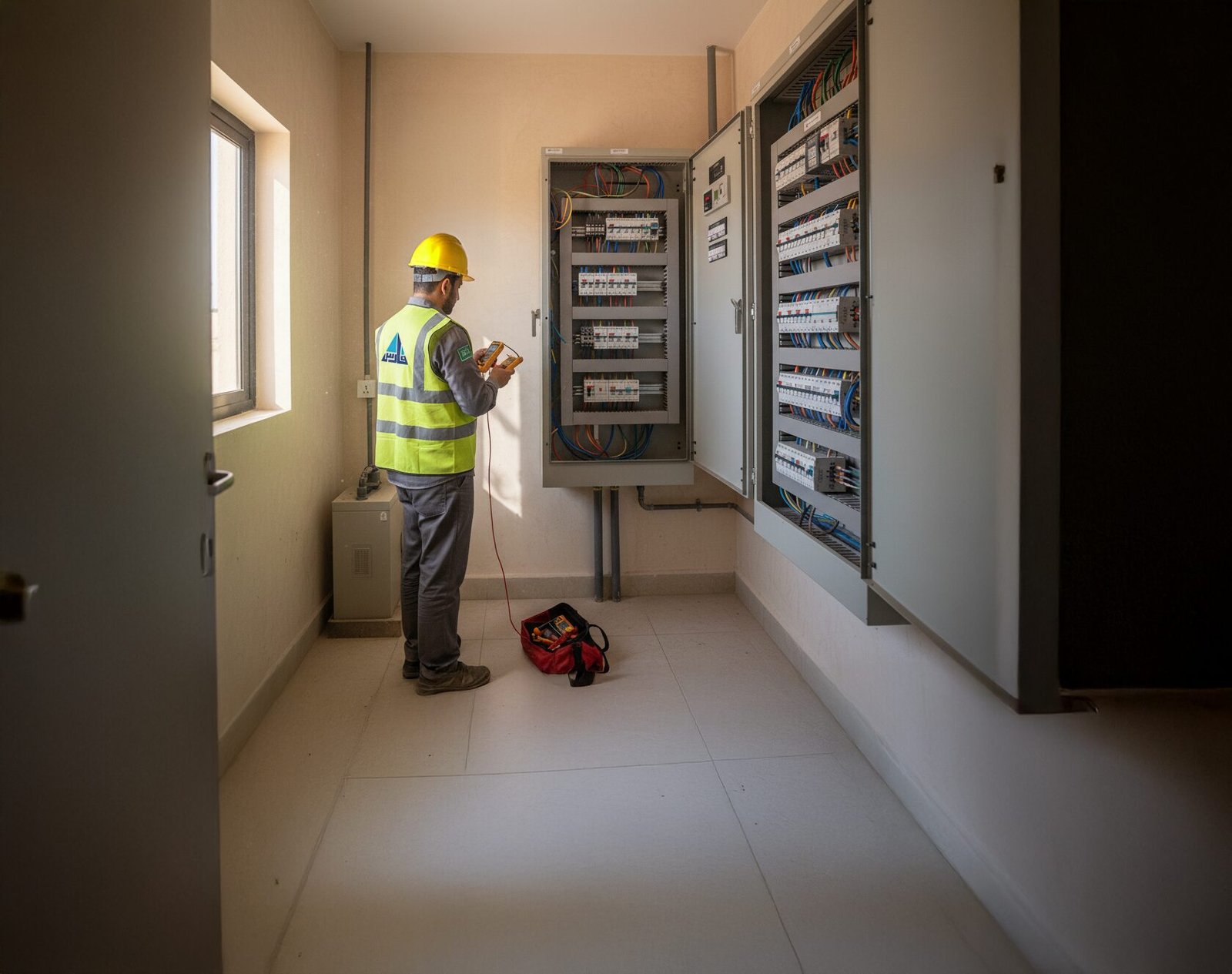 Technician inspecting an electrical distribution panel