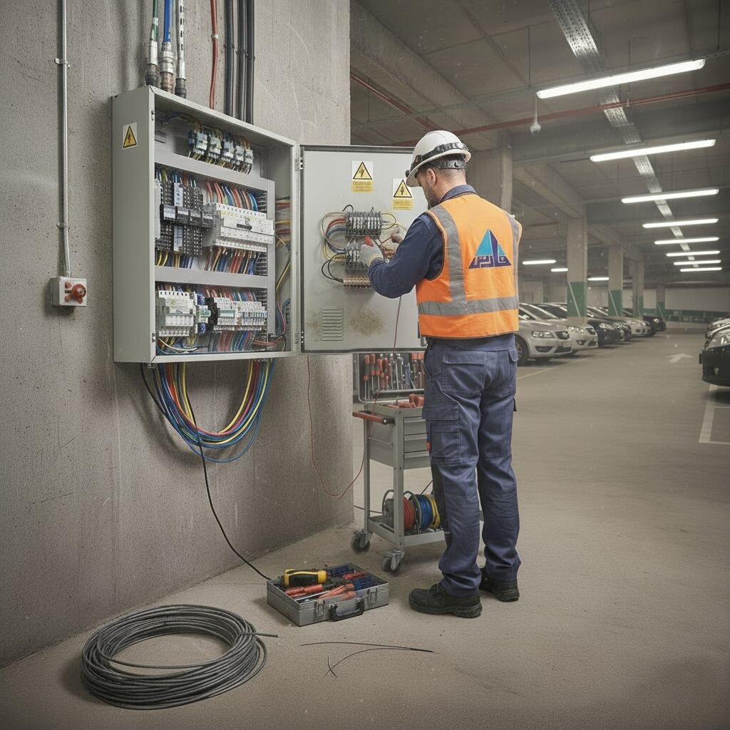 Fares Al-Qassim technician working on an electrical panel