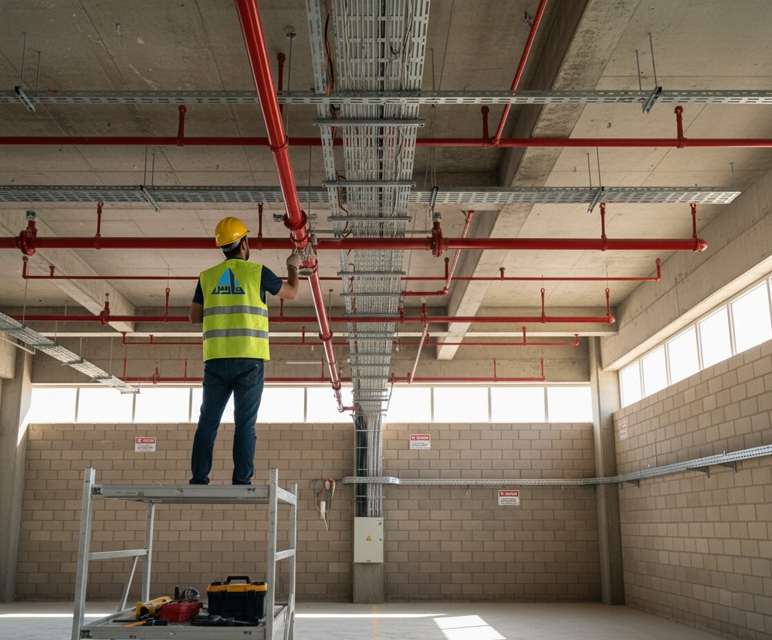 Technician servicing a fire suppression pipe network