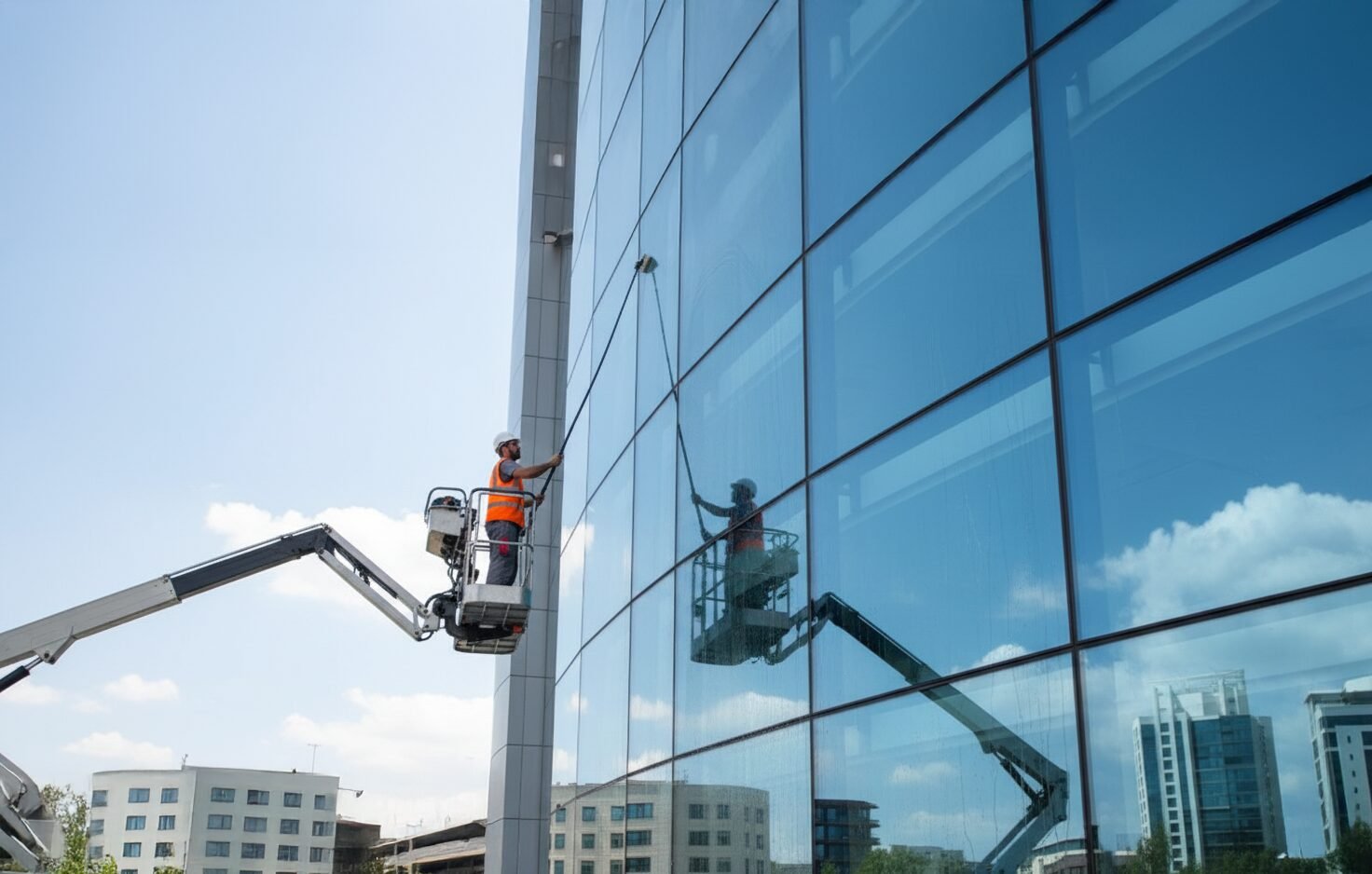 Fares Al-Qassim technician cleaning a glass facade at height