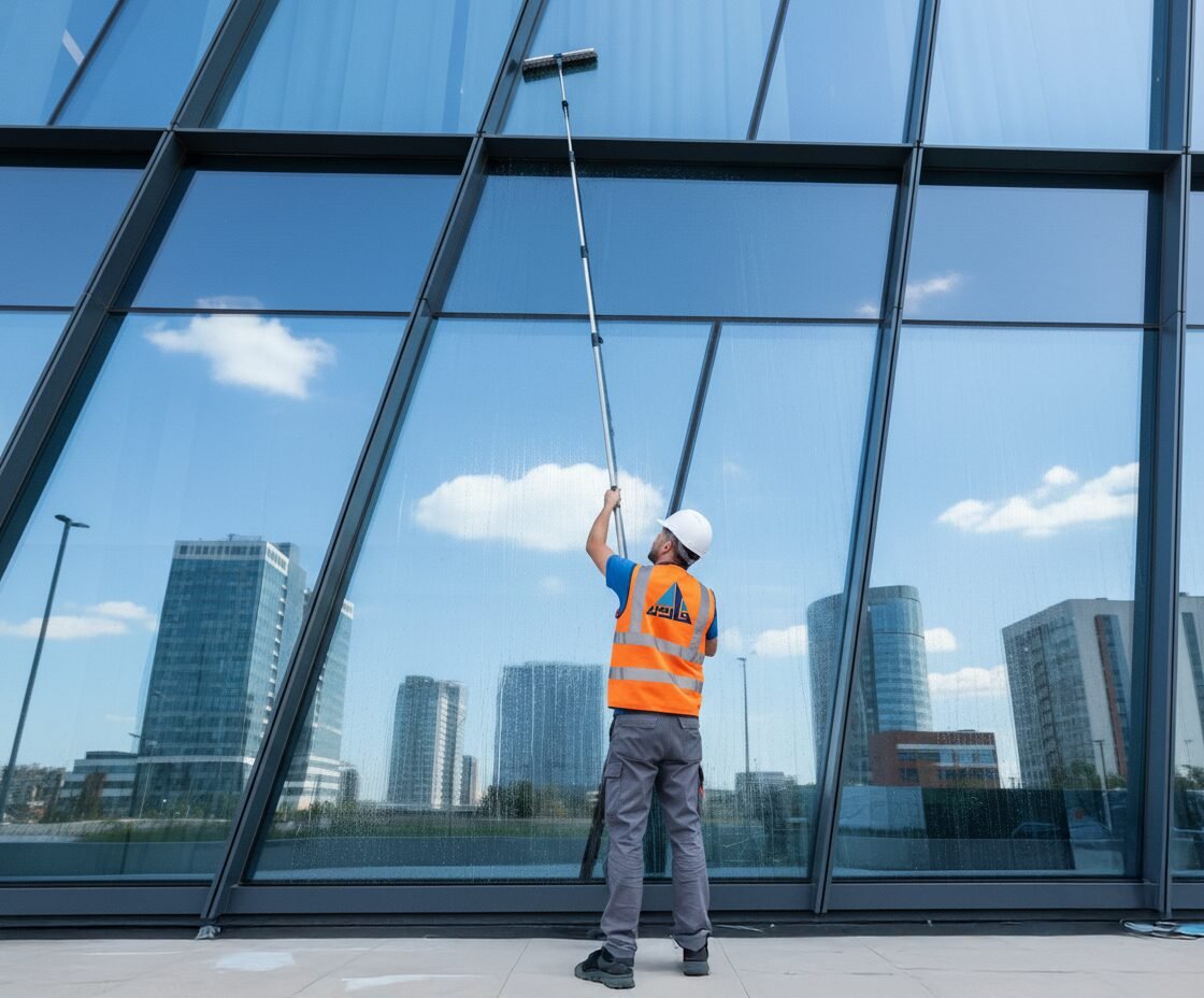Fares Al-Qassim technician cleaning a glass building facade