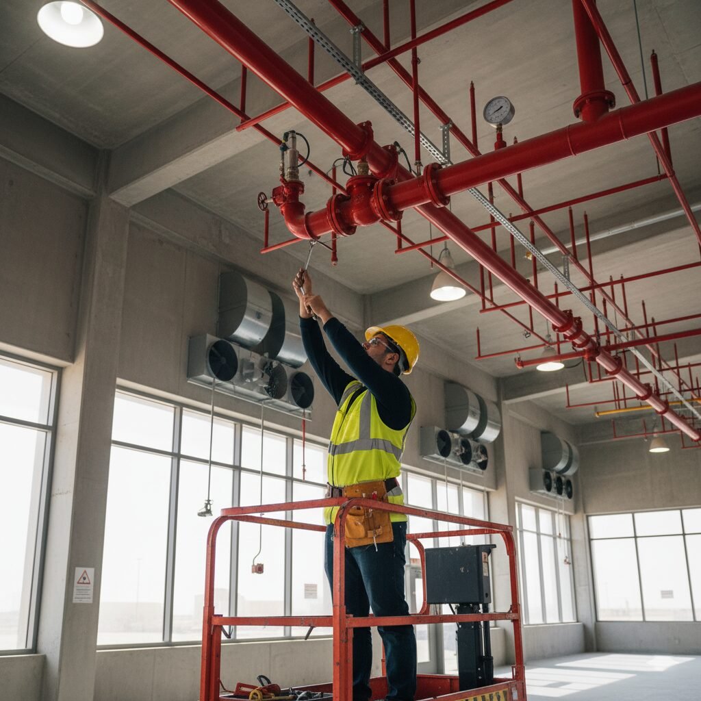 Technician working on overhead building systems