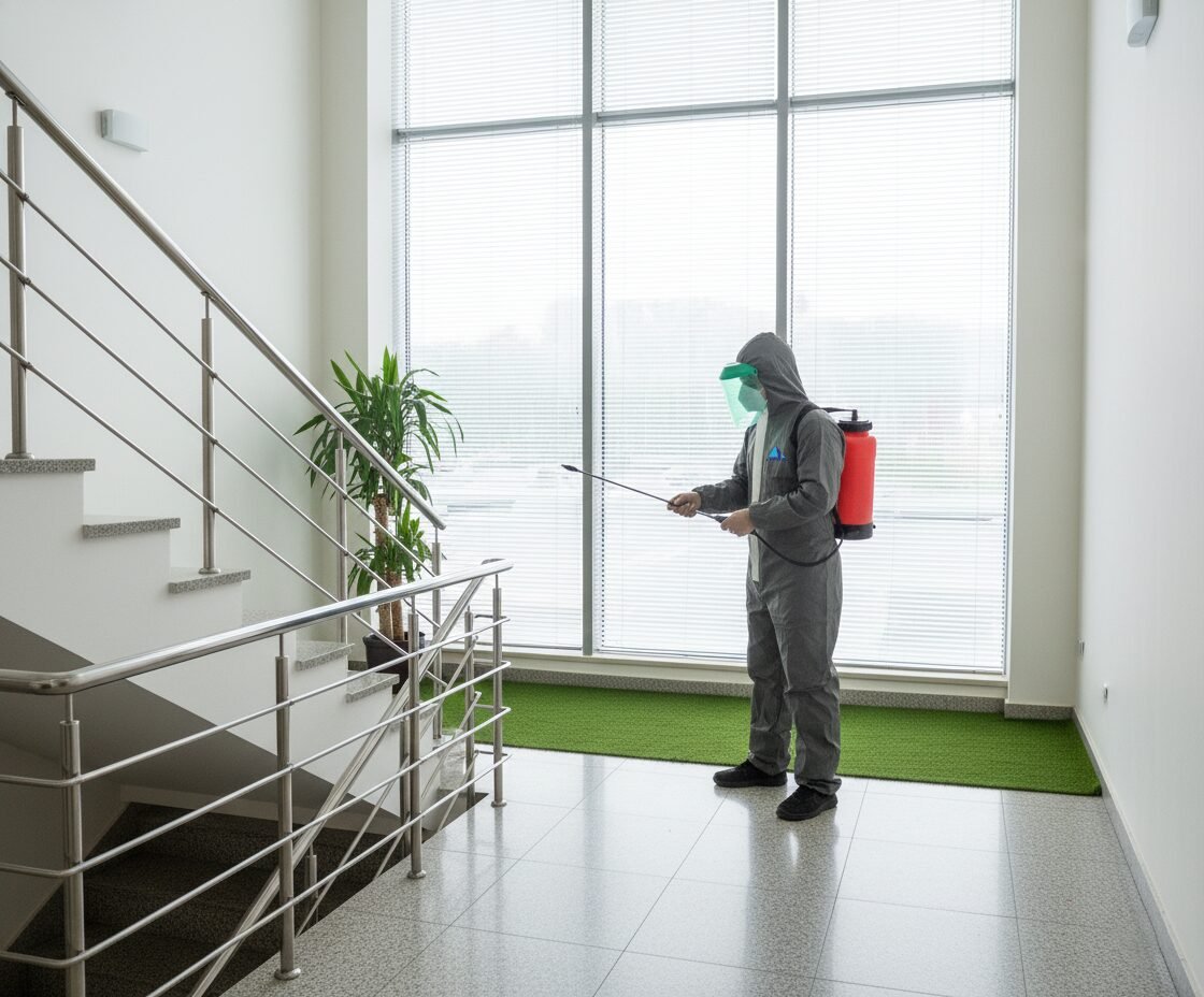 Pest control technician treating a stairwell